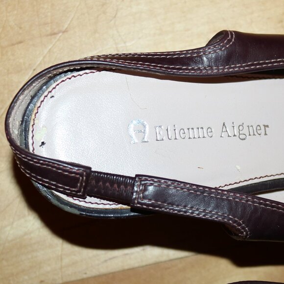 Etienne Aigner E-Chalon Brown Leather w Buckle Elastic Sling Back Kitten Heels - Picture 8 of 9